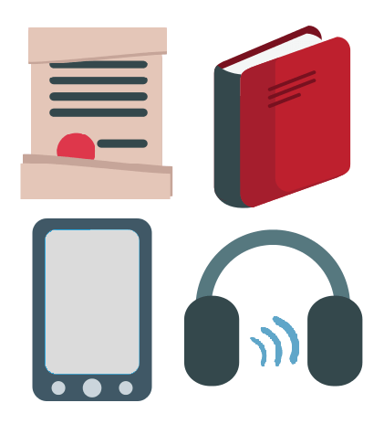 Diversos tipos de libros: pergamino, papel, electrónico y de audio